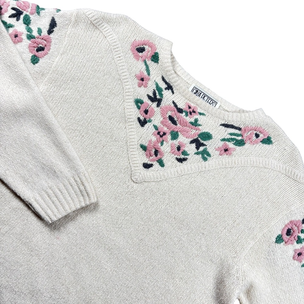 VTG Grannycore Floral Embroidered Knit Sweater Silk Gina Peters 80 Cottagecore L